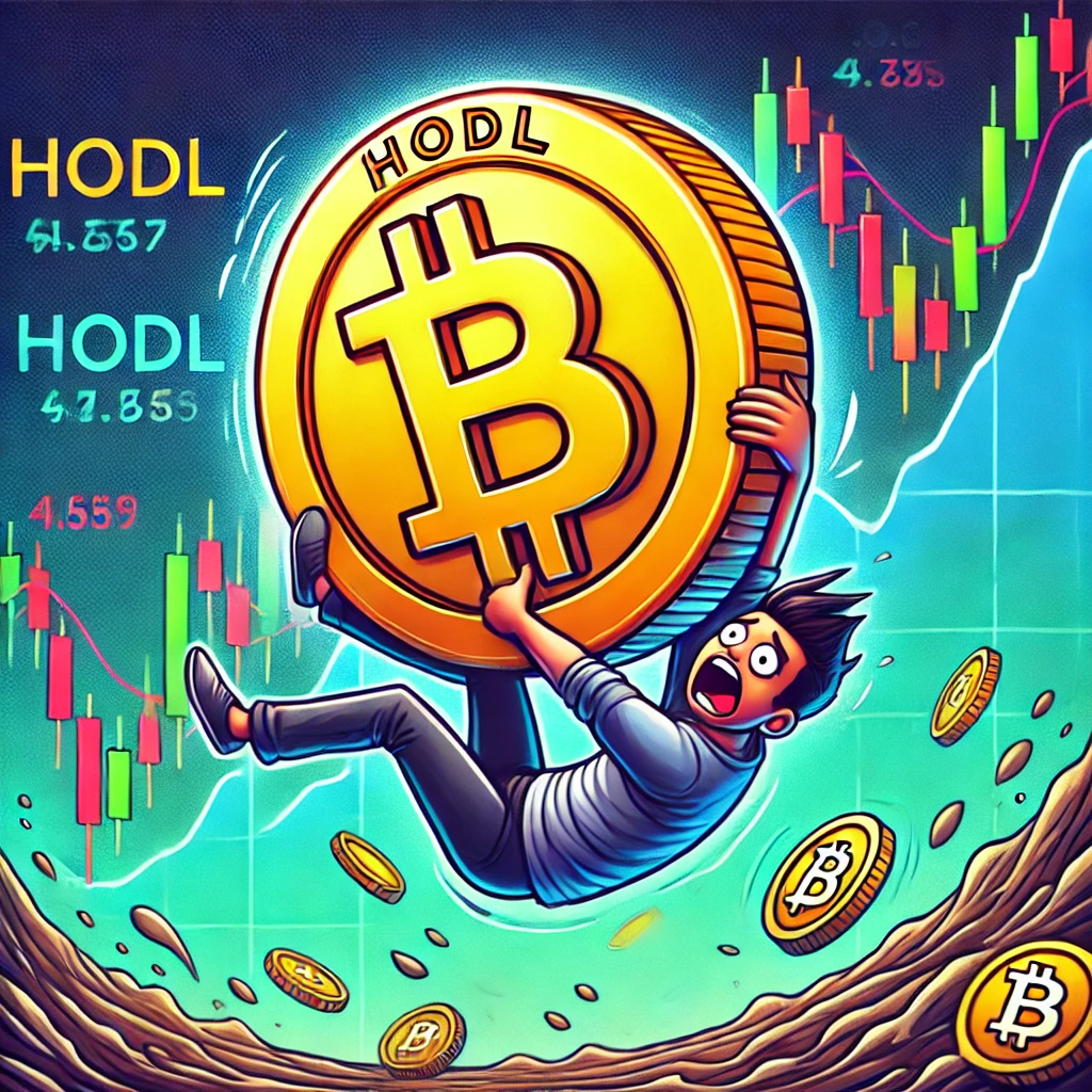 illustration amusante pour représenter le concept de HODL (Hold On for Dear Life), où un investisseur s'accroche avec détermination à une pièce géante, malgré la volatilité des marchés. Cela capture parfaitement l'idée de persévérance dans les investissements, notamment dans les cryptomonnaies.