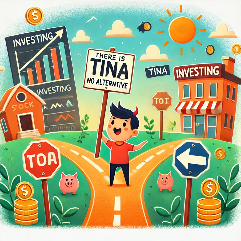  illustration amusante représentant le concept de TINA (There Is No Alternative). Elle montre de manière légère et dynamique l'idée que dans certaines conditions de marché, il n'y a qu'un seul chemin pour les investisseurs.