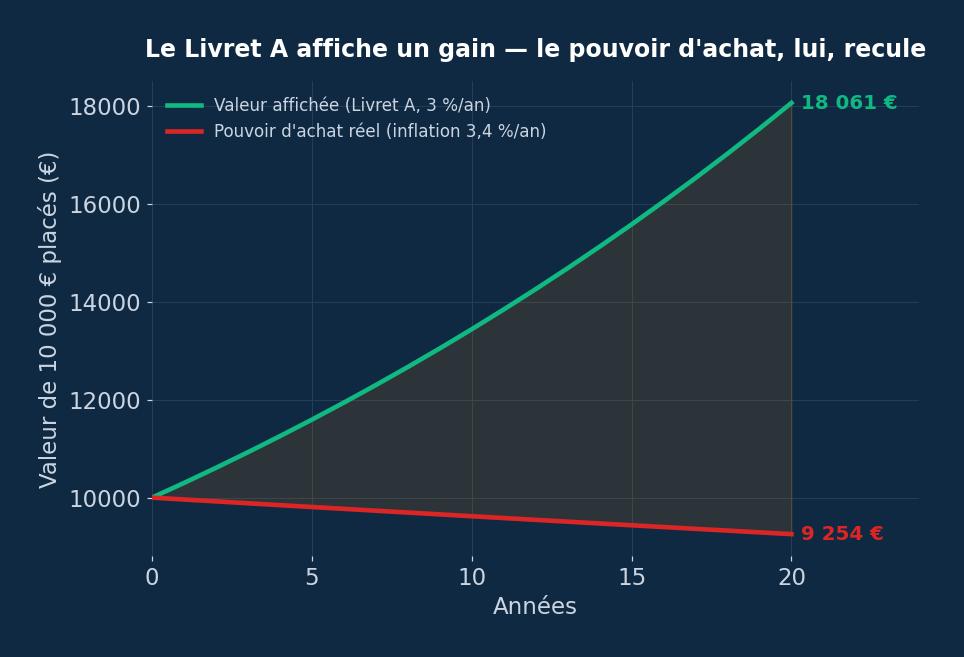 Graphique montrant l'écart entre la valeur affichée d'un Livret A et le pouvoir d'achat réel une fois l'inflation prise en compte